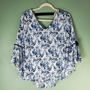White House Black Market Womens Blue White Floral Bell Sleeve Blouse Top Size 4